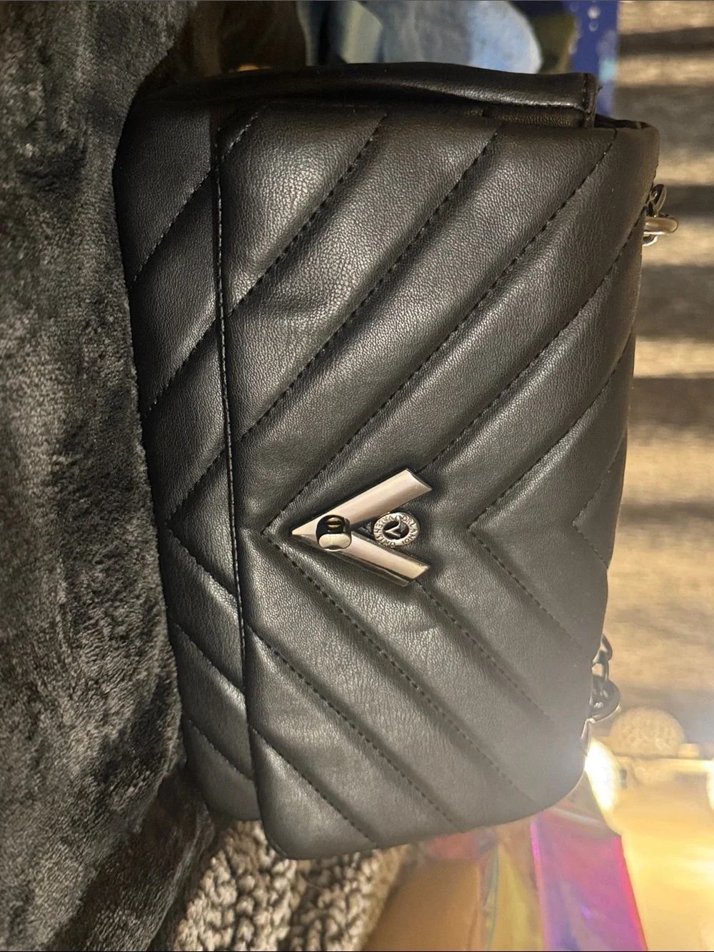 Valentino Orlandi Black Quilted Crossbody with Silver-Tone V Turn-Lock